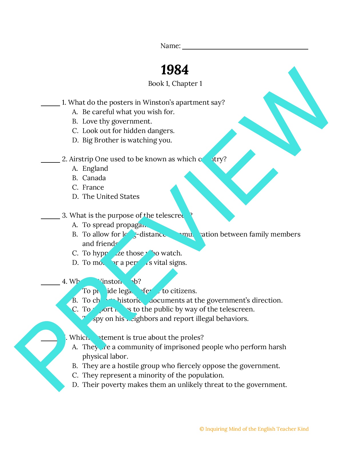 1984 By George Orwell Quiz Book 1 Chapter 1 Teaching Resources