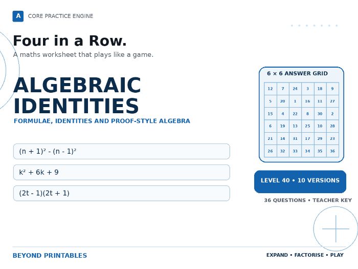 Algebraic Identities Four in a Row | (n + 1)² - (n - 1)² : Level 40 | 10 Maths Games