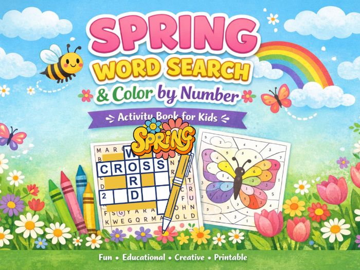 Spring Word Search & Color by Number Activity Book for Kids
