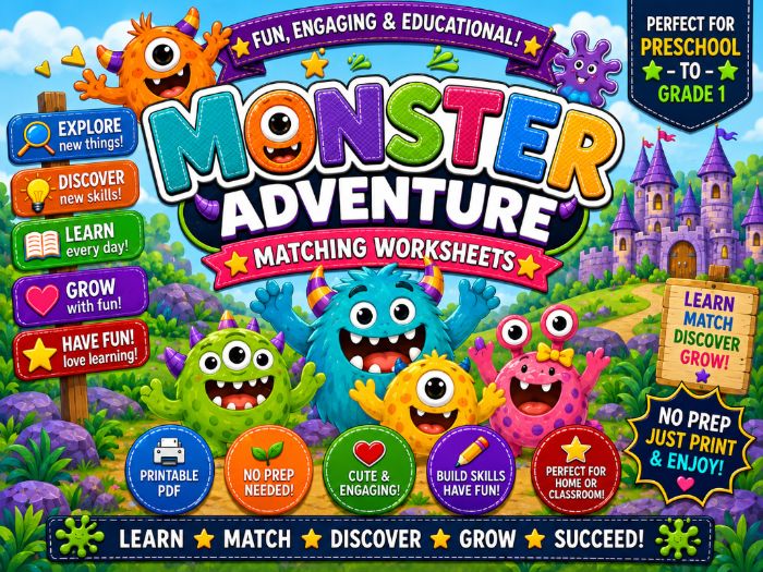 Monster Matching Worksheets | Pictures, Shadows, Letters, Numbers, Shapes & Colors | Preschool–1