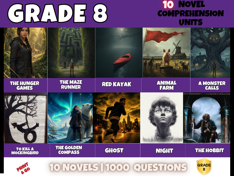 Year 8 Novel Reading Comprehension Bundle | 10 Novels | 1000 Questions + Answers | KS3 English
