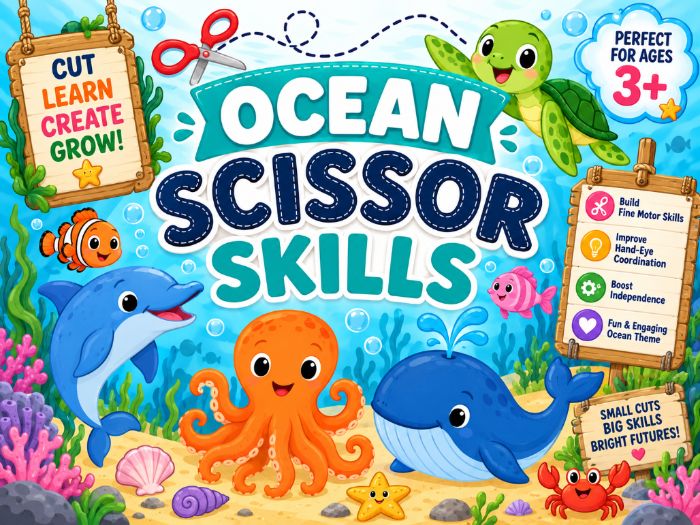 Ocean Animals Scissor Skills Worksheets | Cutting Practice & Fine Motor Activities | Preschool–1
