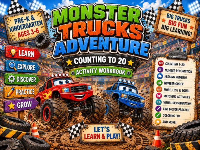 Monster Truck Counting to 20 Worksheets | Number Sense Math Activities | Pre-K & Kindergarten