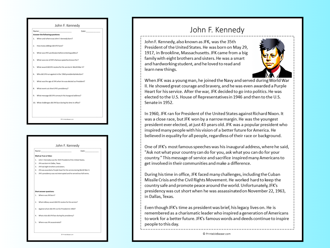 John F. Kennedy Reading Comprehension Passage Printable Worksheet ...