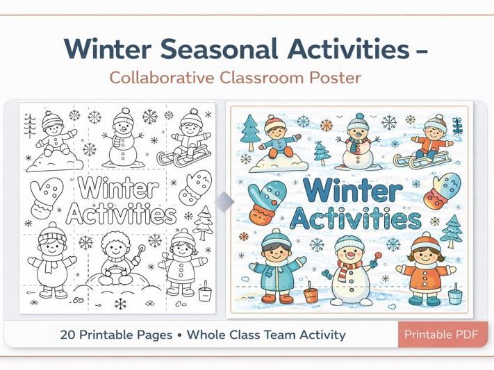 Winter Seasonal Activities – Collaborative Classroom Poster (20-Piece Colour & Cut Activity)
