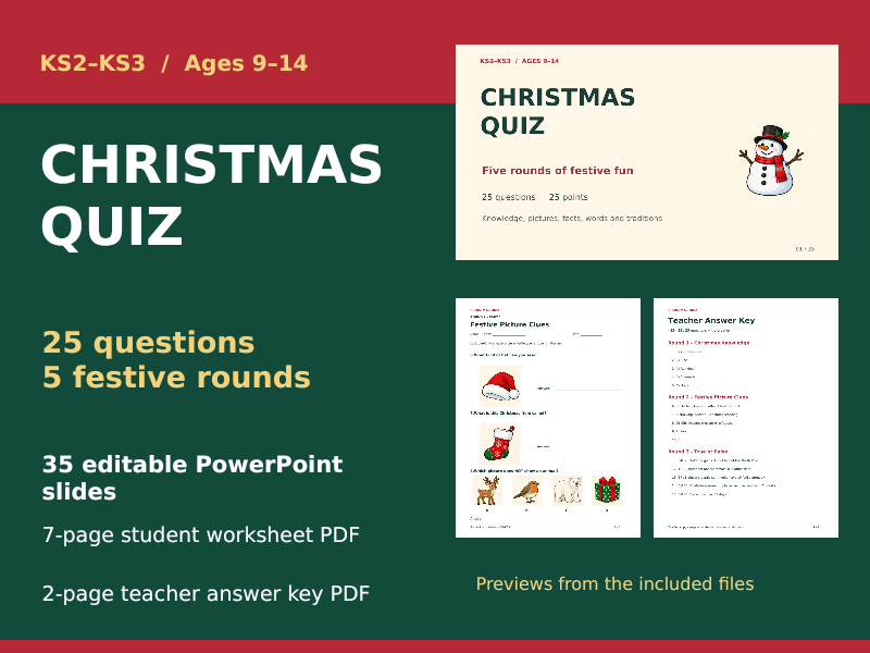 Christmas Quiz KS2-KS3 | Editable PowerPoint, Student Worksheets & Answers