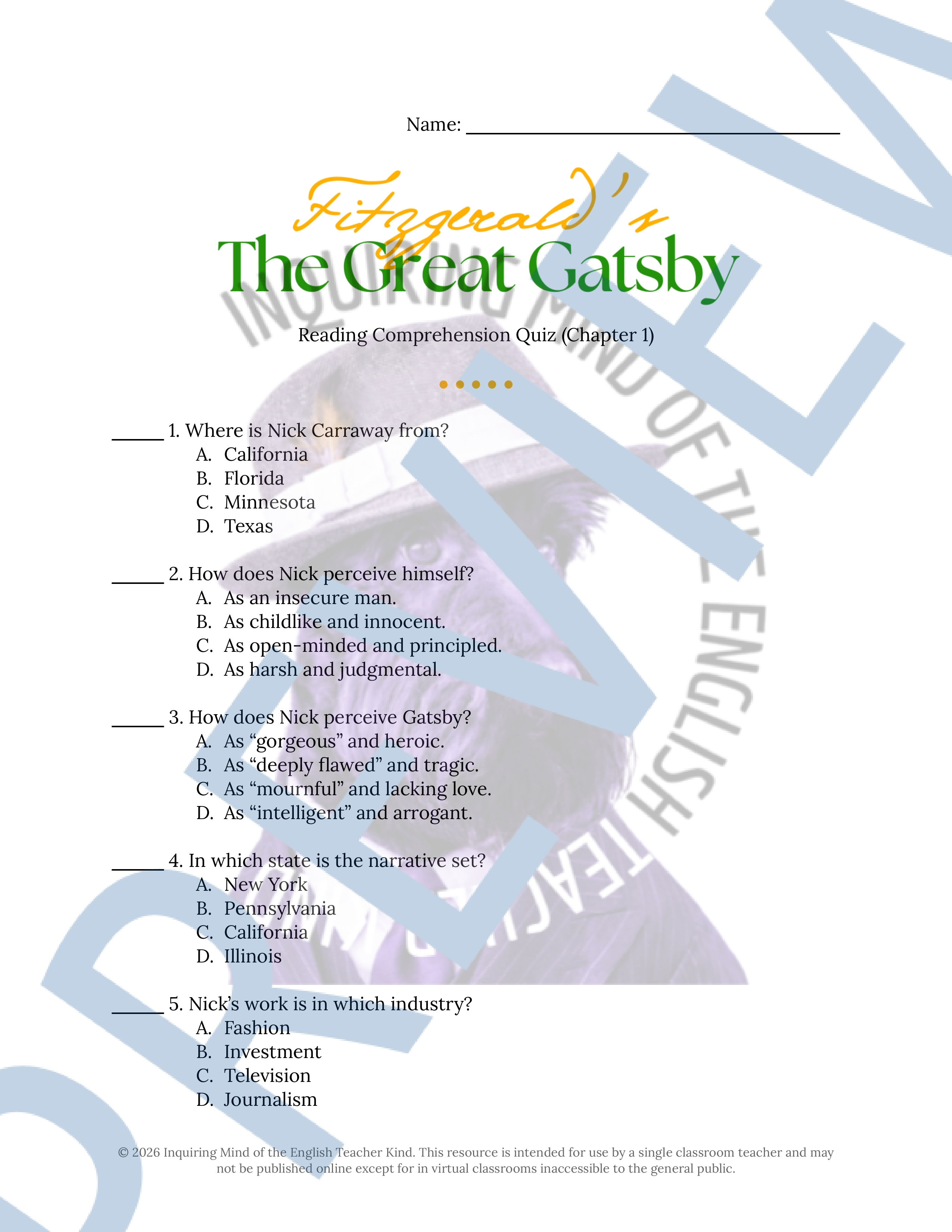 The Great Gatsby Chapter 1 Quiz and Answer Key | Teaching Resources