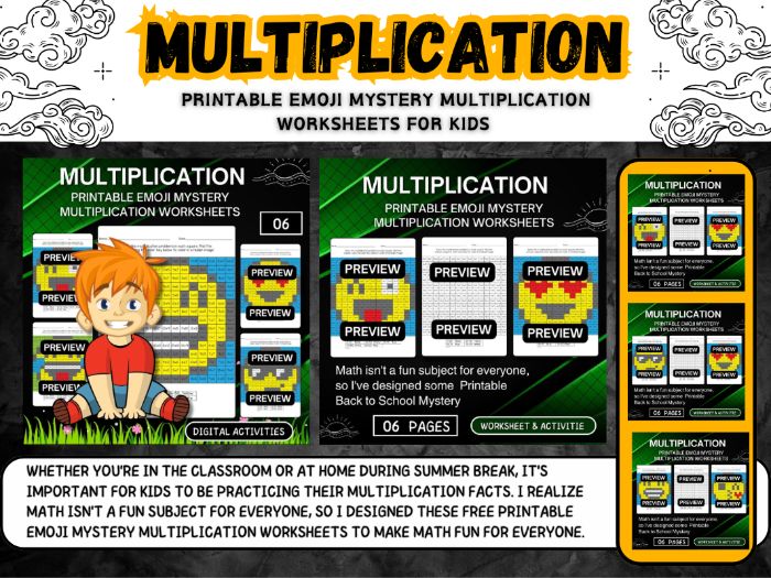 PRINTABLE EMOJI MYSTERY MULTIPLICATION WORKSHEETS