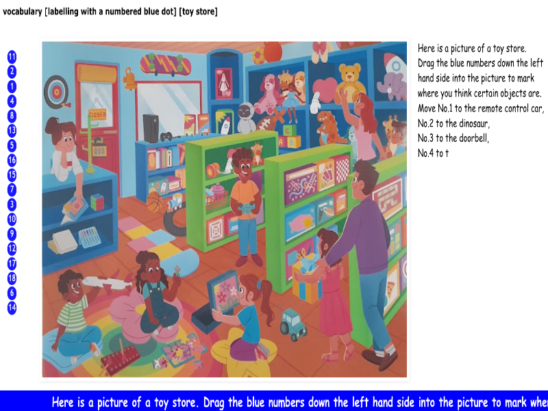 vocabulary [labelling with a numbered blue dot] [toy store]