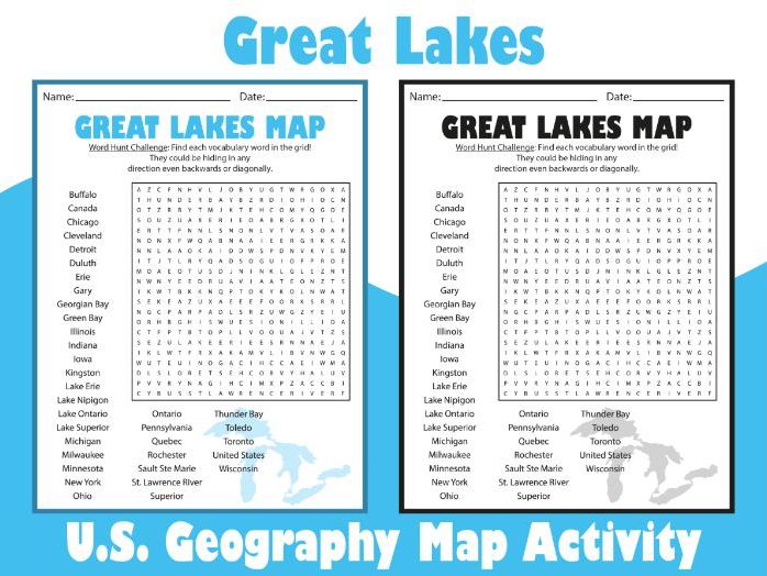 Great Lakes Word Search Puzzle | U.S. Geography Map Activity