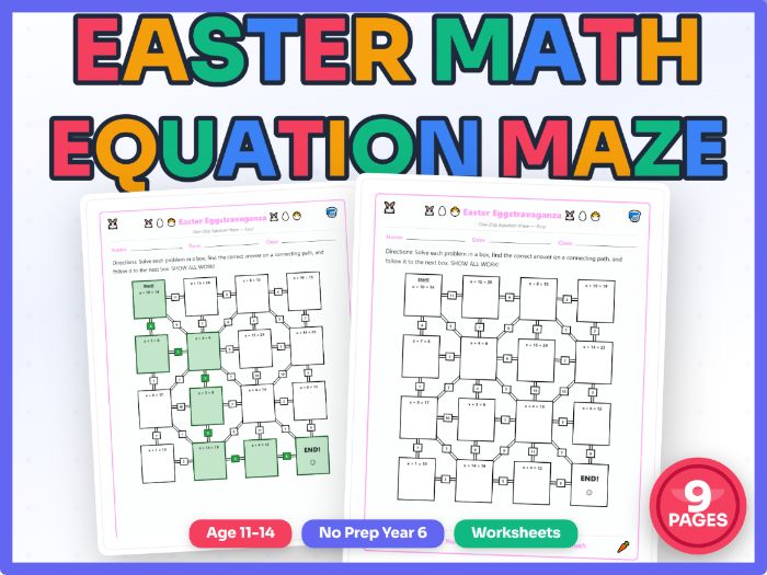 Easter One-Step Equation Mazes Algebra Activities with Step-by-Step Solutions | 3 Puzzles