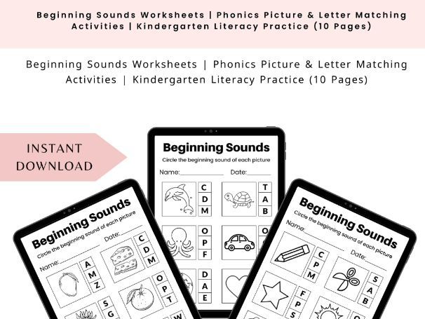 Beginning Sounds Worksheets | Phonics Picture & Letter Matching Activities | Kindergarten Literacy P