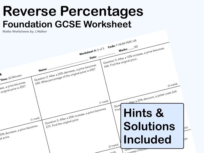 GCSE Maths Worksheet:  Reverse Percentages - Foundation Tier