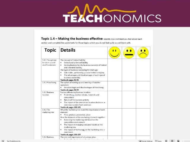 Revision Check List - Topic 1.4 - GCSE Edexcel Business
