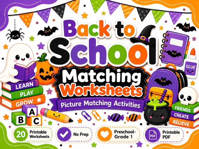 Halloween Matching Worksheets | Picture, Shadow, Letters, Numbers & Shapes | Preschool–Grade 1
