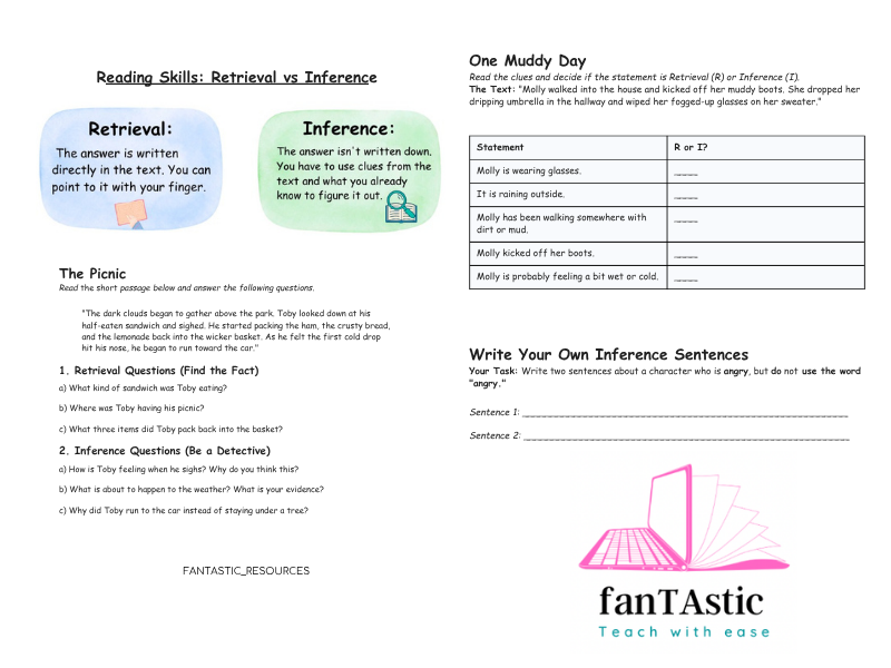 Retrieval vs Inference Worksheets KS2 | Reading Comprehension Activities | Whole Class Teaching