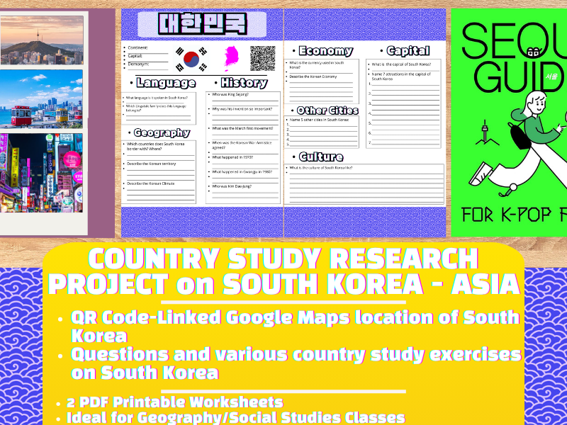Country Study on South Korea Worksheet - Asia - Geography
