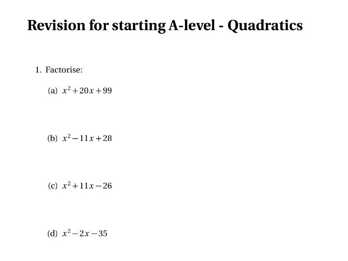 AS/Higher GCSE Maths Quadratics Worksheet