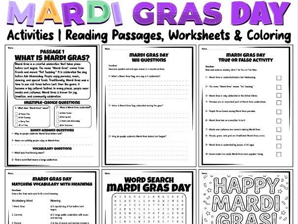 Mardi Gras Day Activities | Reading Passages, Worksheets & Coloring