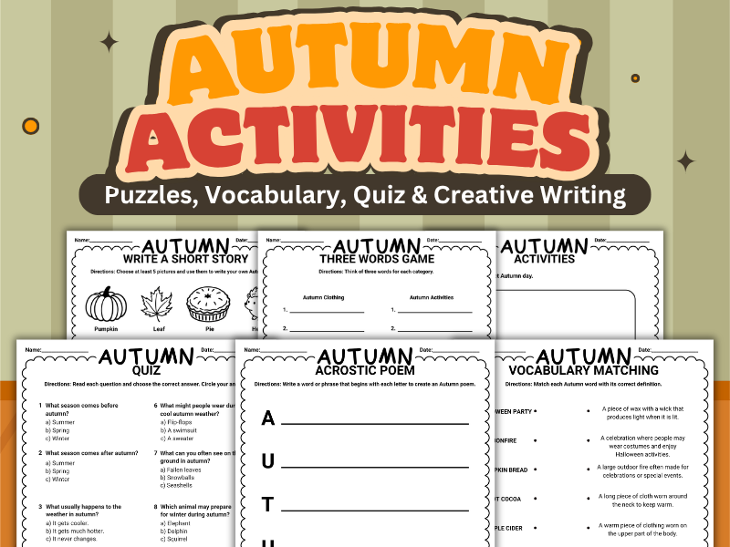 Autumn Activities Worksheet Pack | Puzzles, Vocabulary, Quiz & Creative Writing