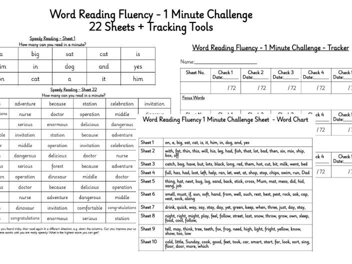 Word Reading Fluency -1 Minute Challenge (22 Sheets + Tracking Tools)