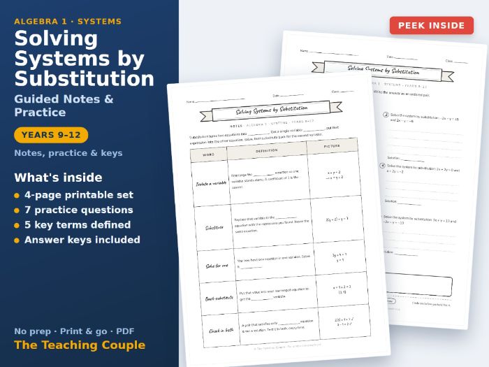 Solving Systems by Substitution Guided Notes & Practice + Answer Keys