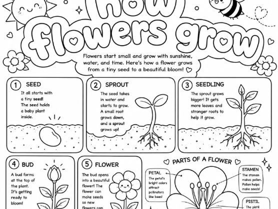 How Flowers Grow informative colouring page