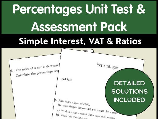 Percentages Unit Test & Assessment Pack | Simple Interest, VAT & Ratios