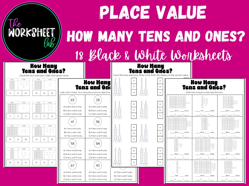 Place Value - How Many Tens and Ones Worksheets in Black and White