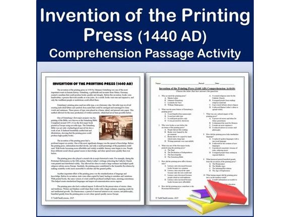Invention of the Printing Press (1440 AD) - World History Passage & Activity