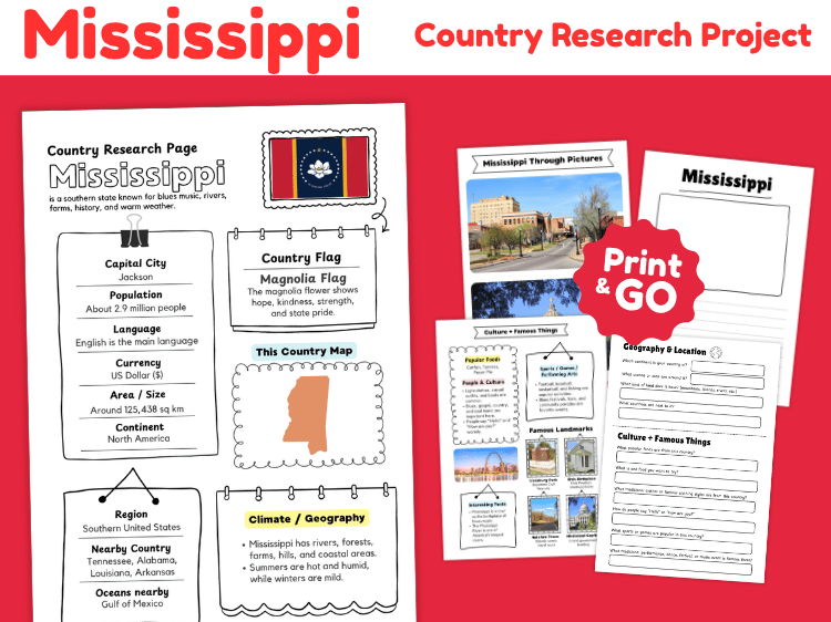 Mississippi State Research Project | US Geography & State Study Worksheets