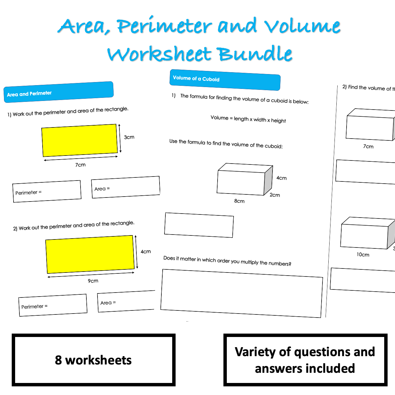 Area, Perimeter and Volume Worksheet Bundle