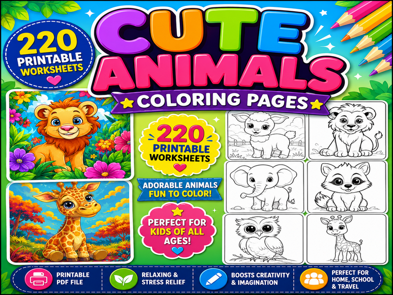 CUTE ANIMALS Coloring Pages, 220 Printable Coloring Activity Worksheet
