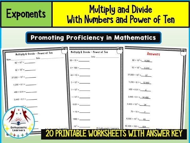Exponents Multiplication and Division with Numbers and Powers of Ten Worksheets Math Problems