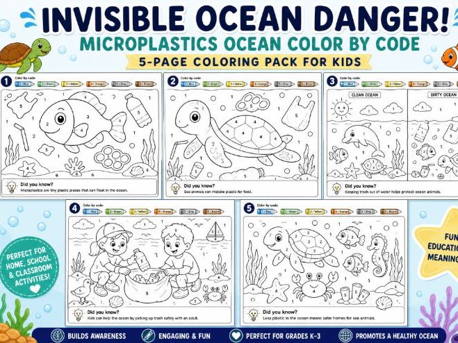 Invisible Ocean Danger! Microplastics Ocean Color by Code Worksheets for Kids (PreK-Grade 3)