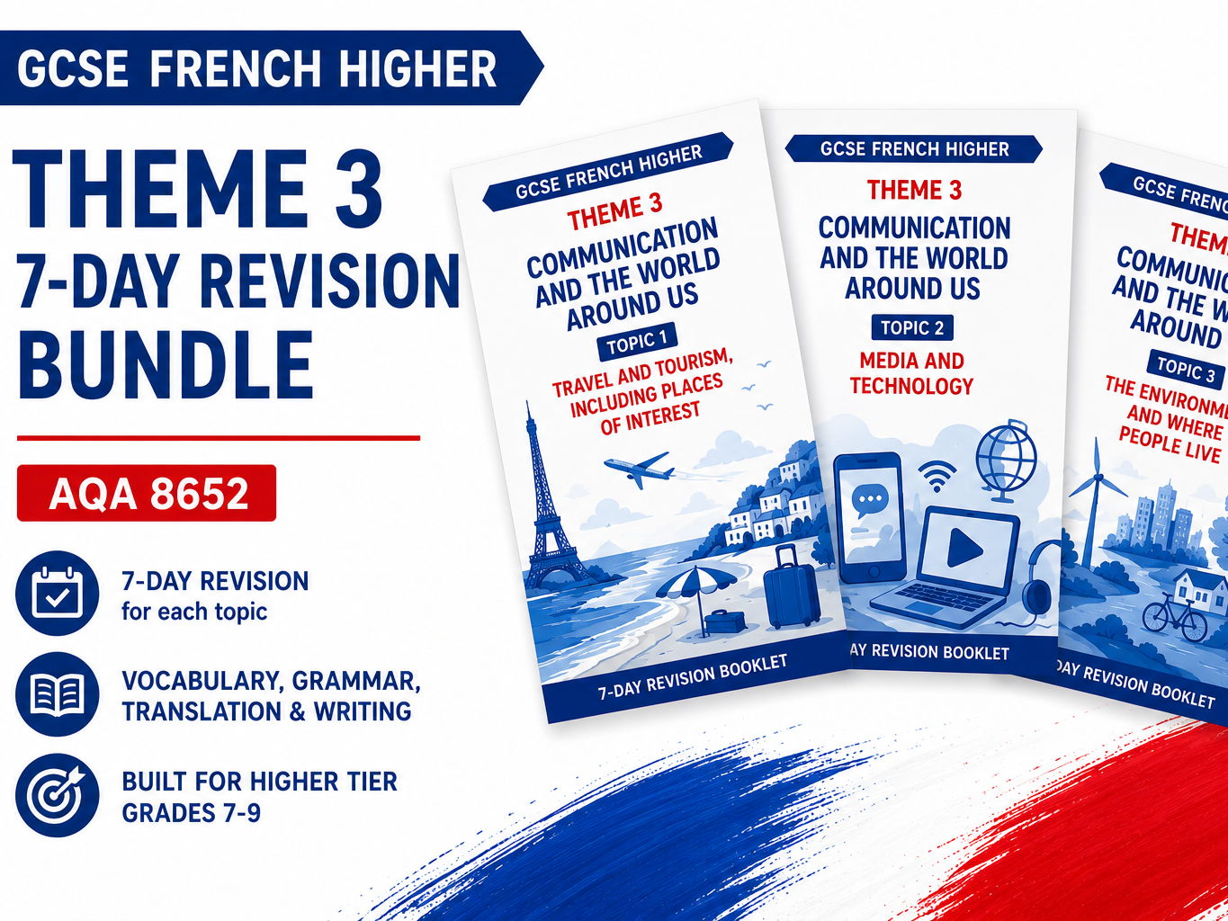 GCSE French Higher – Theme 3 Communication and the world around us 7-Day Revision Bundle (AQA 8652)