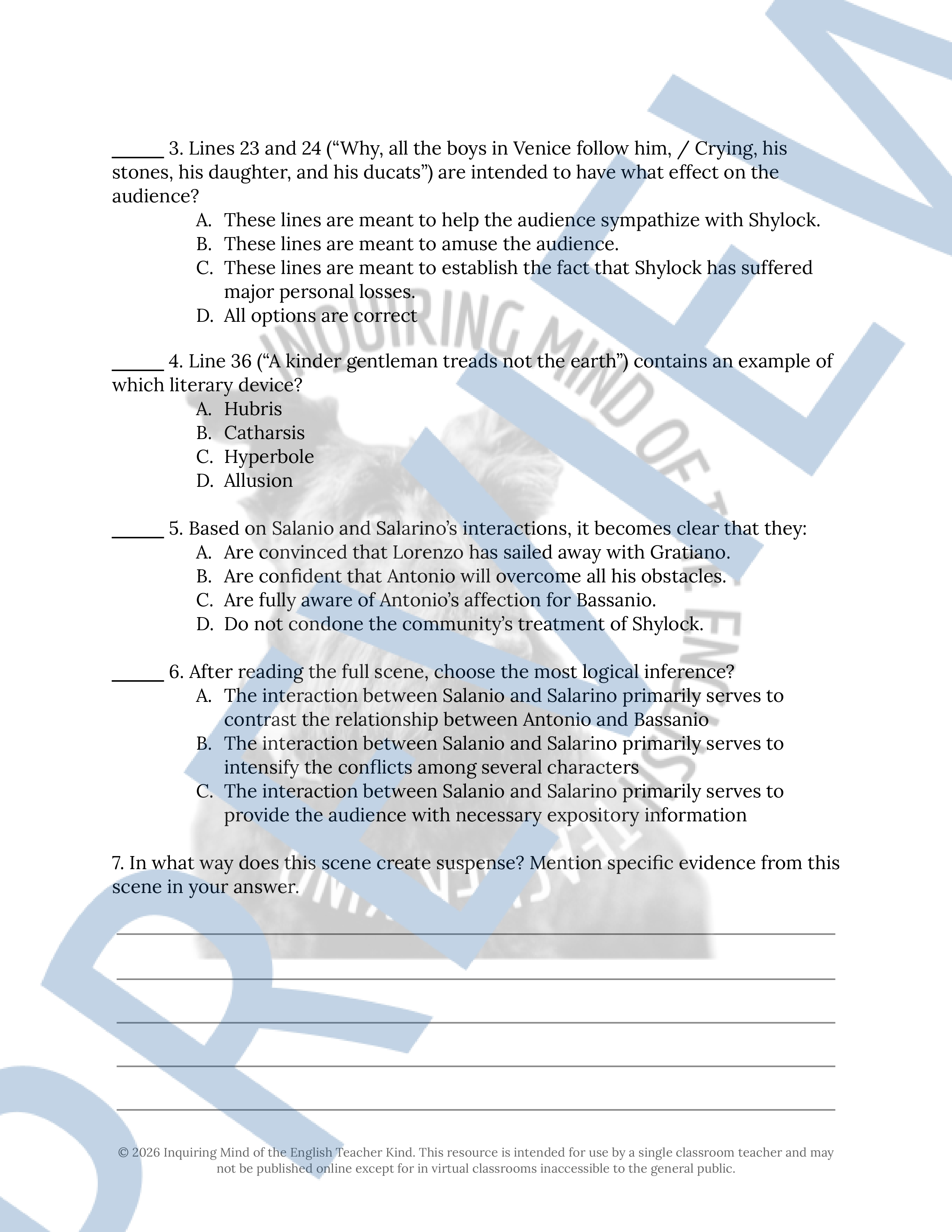The Merchant of Venice Act 2 Scene 8 Close Reading Analysis Worksheet ...