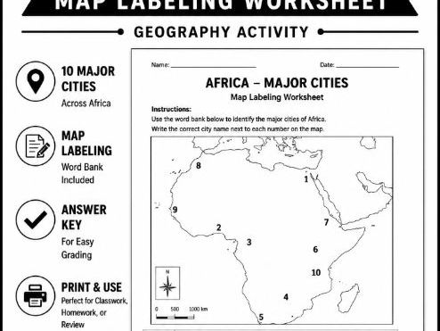 Africa Major Cities Map Worksheet | Geography Labeling Activity + Answer Key