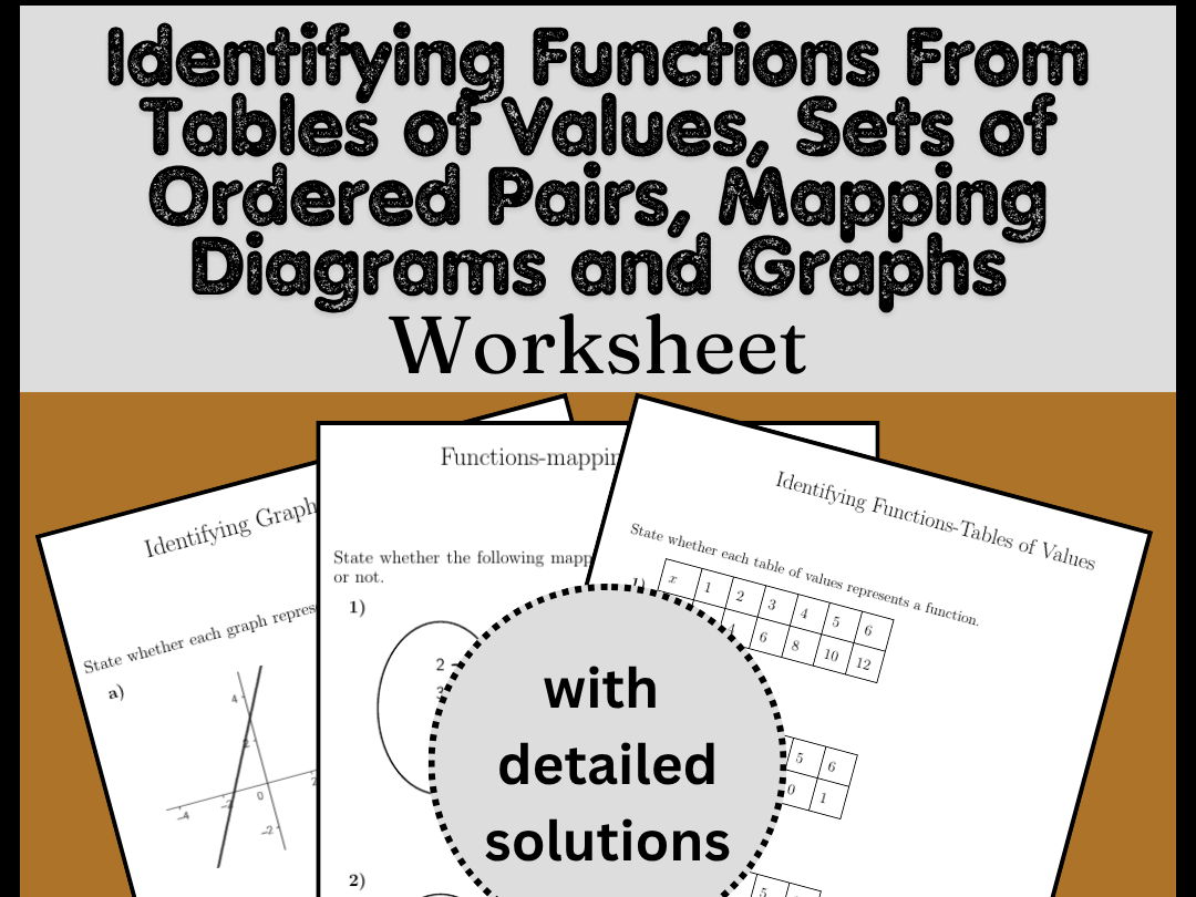 Identifying Functions From Tables of Values, Sets of Ordered Pairs, Mapping Diagrams and Graphs Worksheets