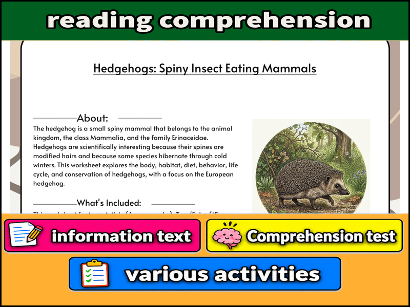 Hedgehogs: Spiny Insect Eating Mammals :  & Comprehension Test