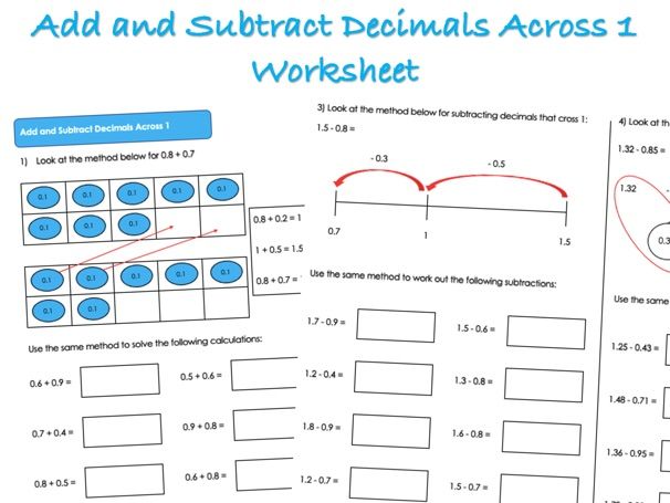 Decimals Worksheet - Add and Subtract Decimals Across 1