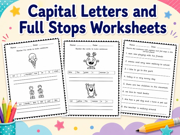 Year 1 punctuation spag worksheets - capitals and full stops