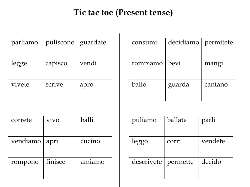 Tic Tac Toe Italian Present Tense (Regular Verbs)