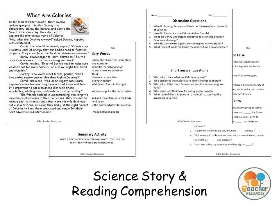 What Are Calories Reading Science Story Comprehension Questions ...