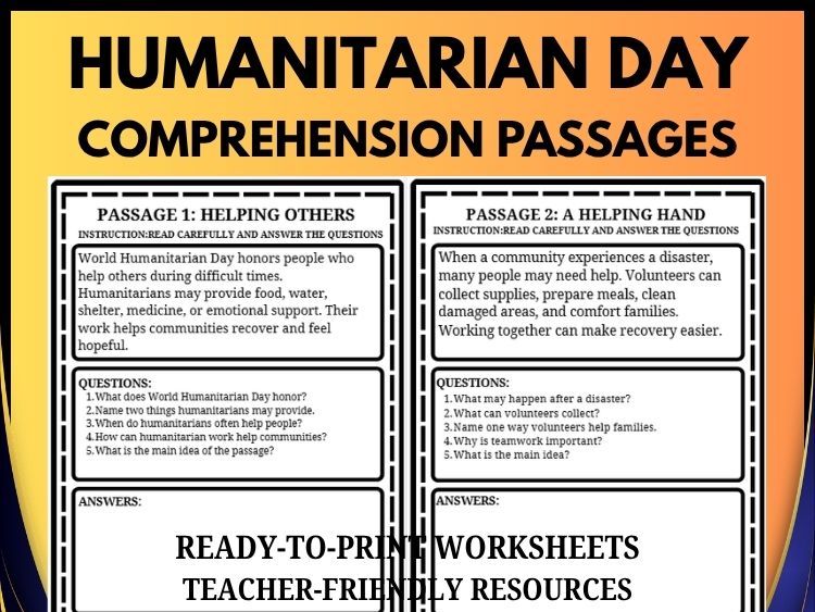 Humanitarian Reading Comprehension Passages | 20 Stories & Questions | Grades 2–8