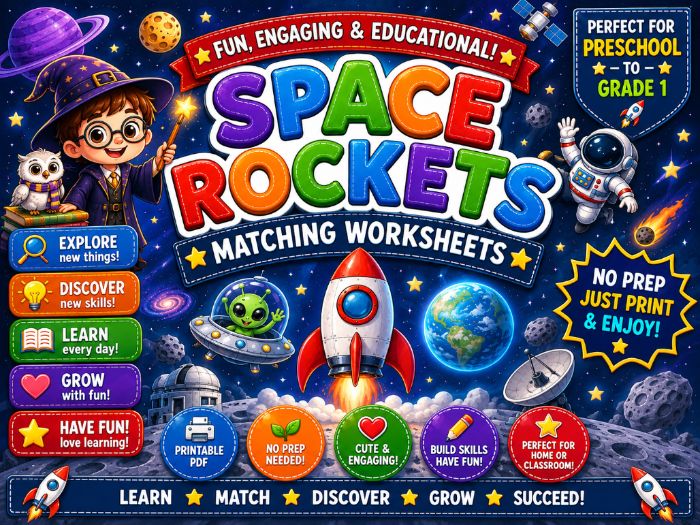 Space & Rocket Matching Worksheets | Numbers, Letters, Shapes & Pictures | Preschool–Grade 1