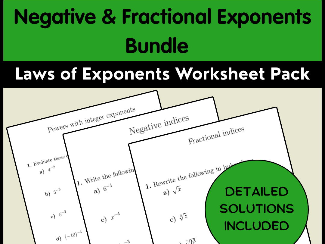 Negative & Fractional Exponents Bundle | Laws of Exponents Worksheet Pack