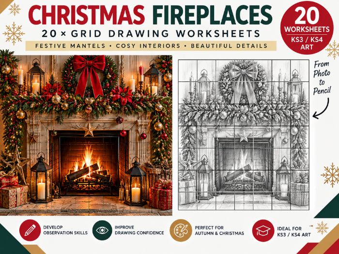 Christmas Fireplaces Grid Drawing Worksheets | 20 Festive Drawing Activities | KS3 & KS4 Art