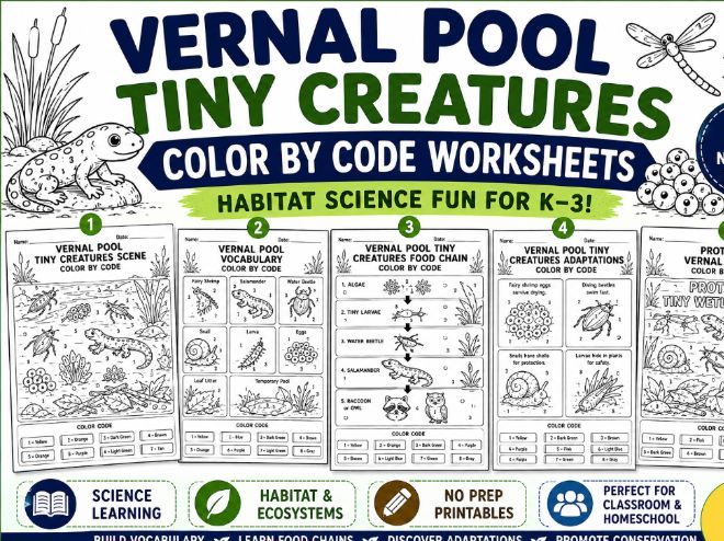Vernal Pool Tiny Creatures Color by Code Worksheets |Habitat Science Coloring