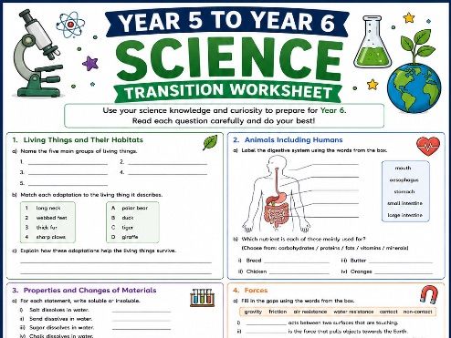 Year 5 to Year 6 Science Transition Worksheet | End of Year Science Revision | KS2 Summer Learning |